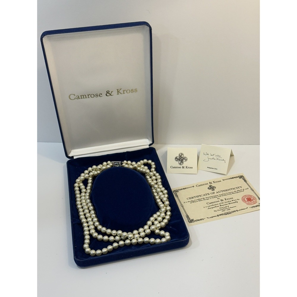 Camrose & Kross Jacqueline Kennedy Triple-Strand Faux Pearl Necklace Box & COA